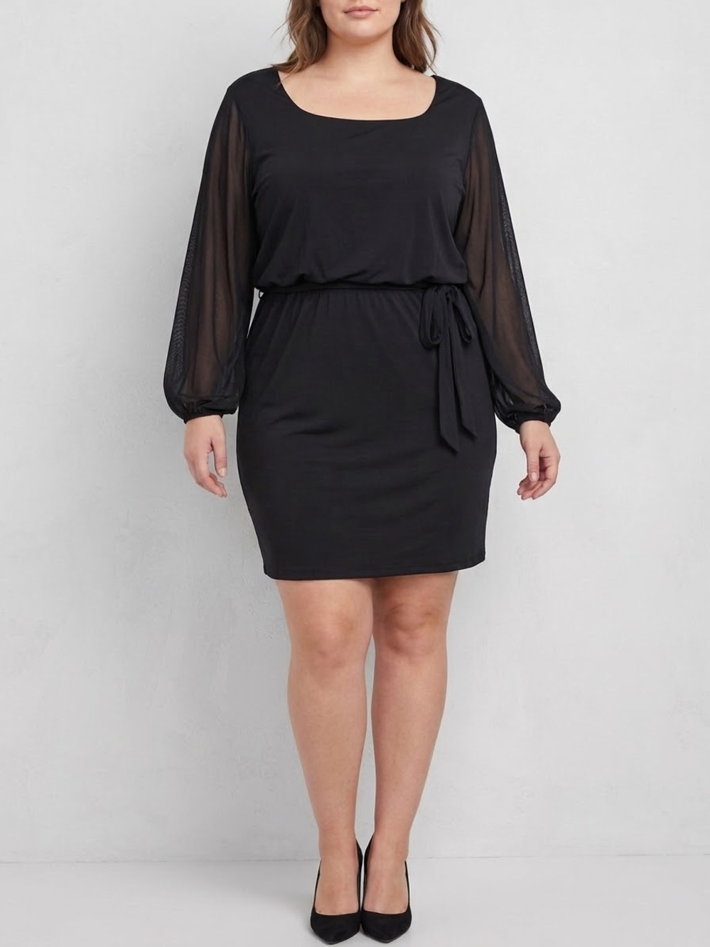 Studio Y Black Sheer-Sleeve Tie-Waist Mini Dress